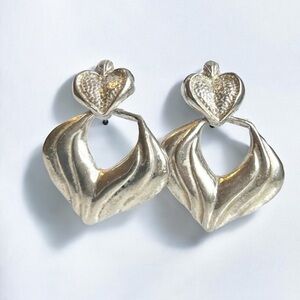 Vintage Silver Dangle Earrings Heart Bold 80s Style Statement Retro Glam Chunky